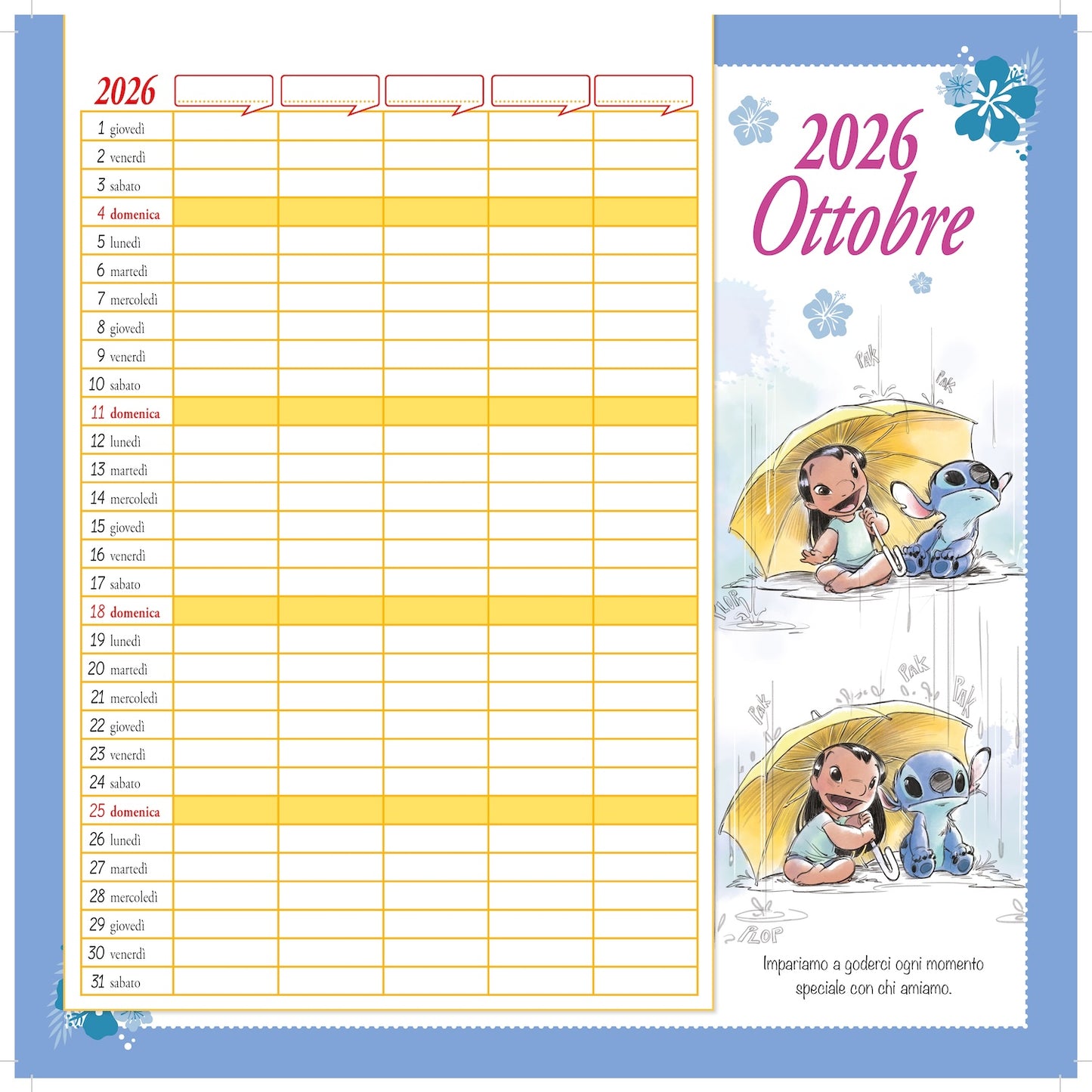 Stitch Calendario per la famiglia 2026 - 'Ohana means family da parete (30 x 30 cm). Da personalizzare con gli adesivi