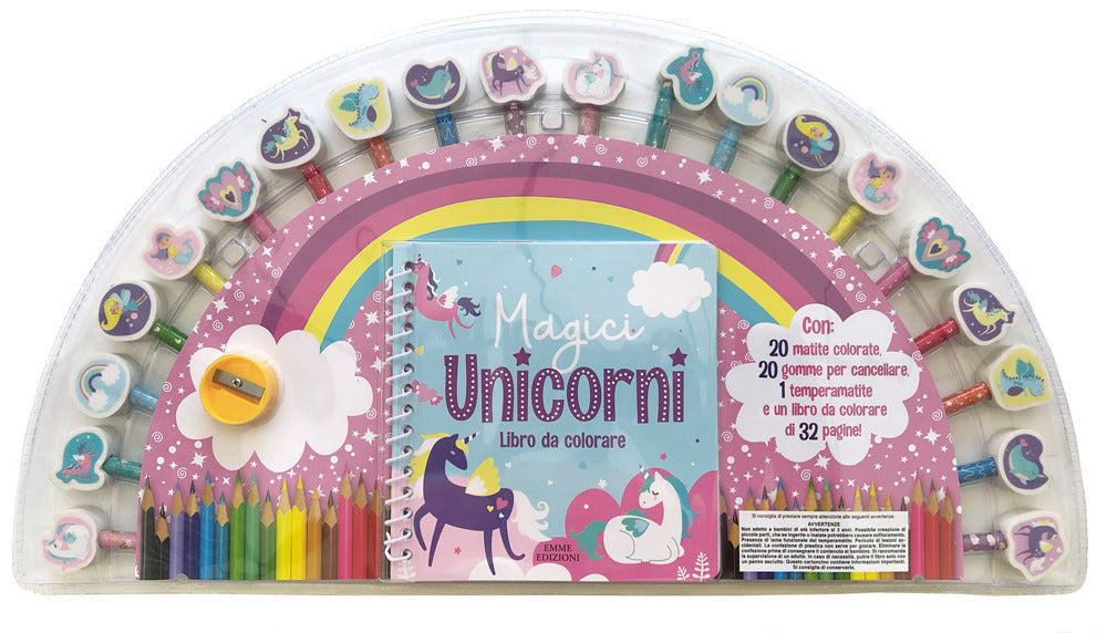Magici unicorni. Ediz. illustrata. Con 20 gomme. Con 20 matite colorate. Con temperamatite.