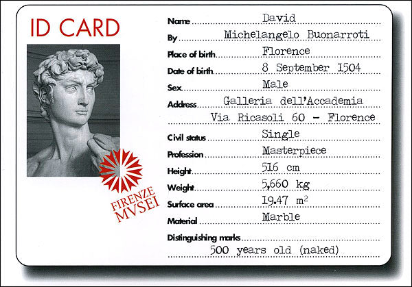 Cartolina. Firenze - Galleria dell'Accademia. David (1504). Id Card