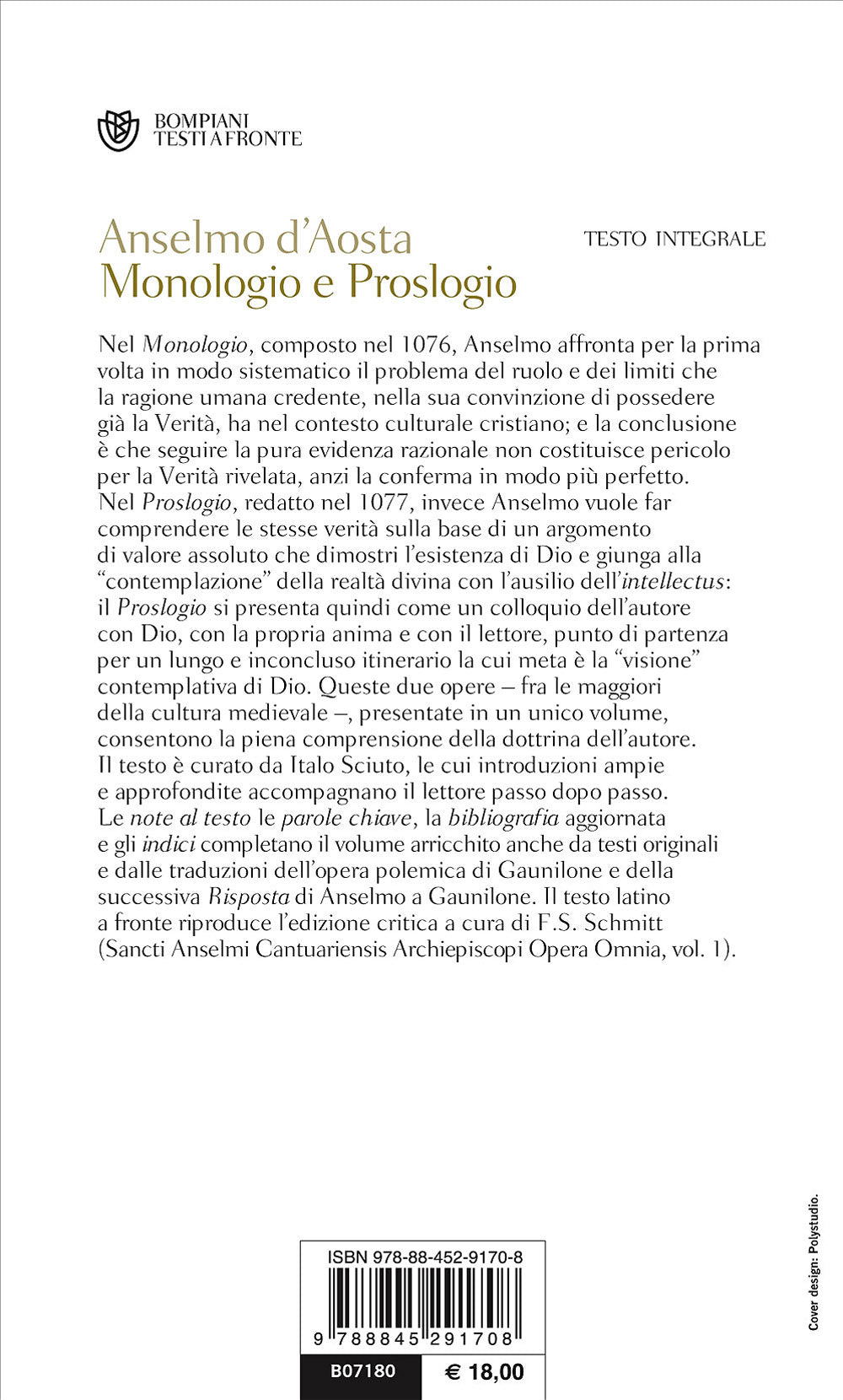 Monologio e Proslogio. Testo latino a fronte
