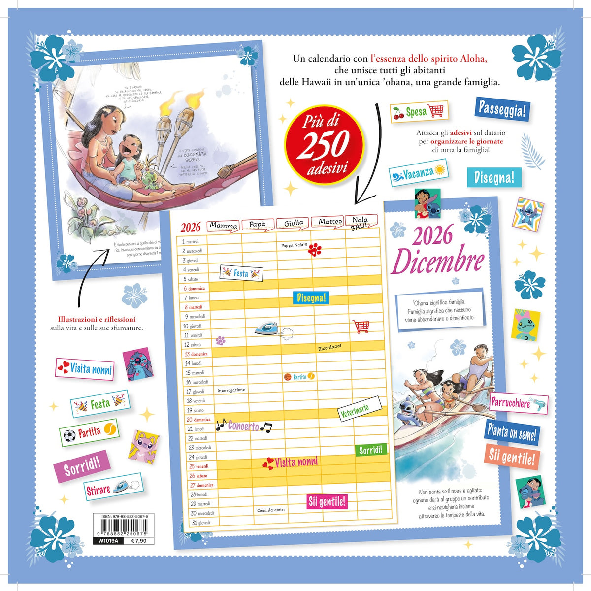 Stitch Calendario per la famiglia 2026 - 'Ohana means family da parete (30 x 30 cm). Da personalizzare con gli adesivi