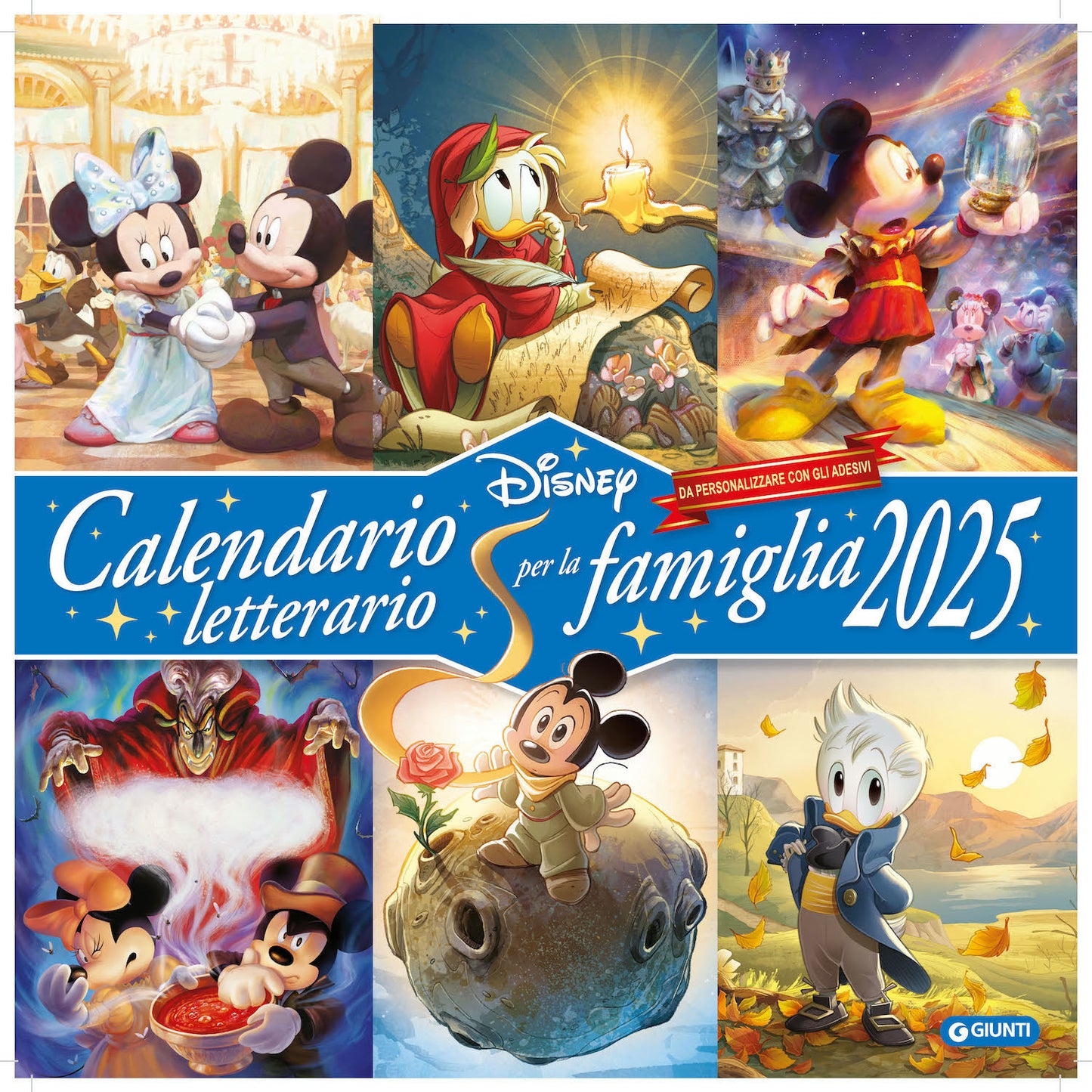 Calendario letterario per la famiglia Disney 2025. Da personalizzare con gli adesivi