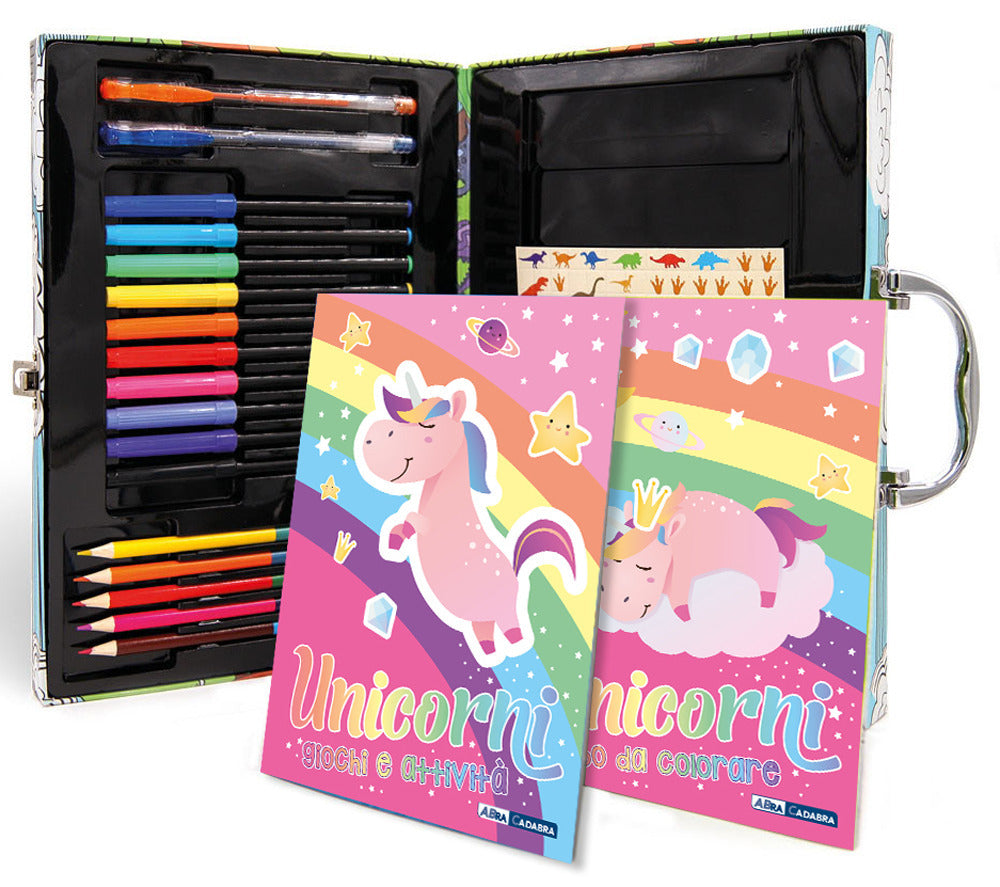 Unicorni. La mia valigetta creativa. Ediz. a colori. Con 5 matite colorate a doppia punta. Con 10 pennarelli. Con 2 penne in gel. Con 100 Adesivi.