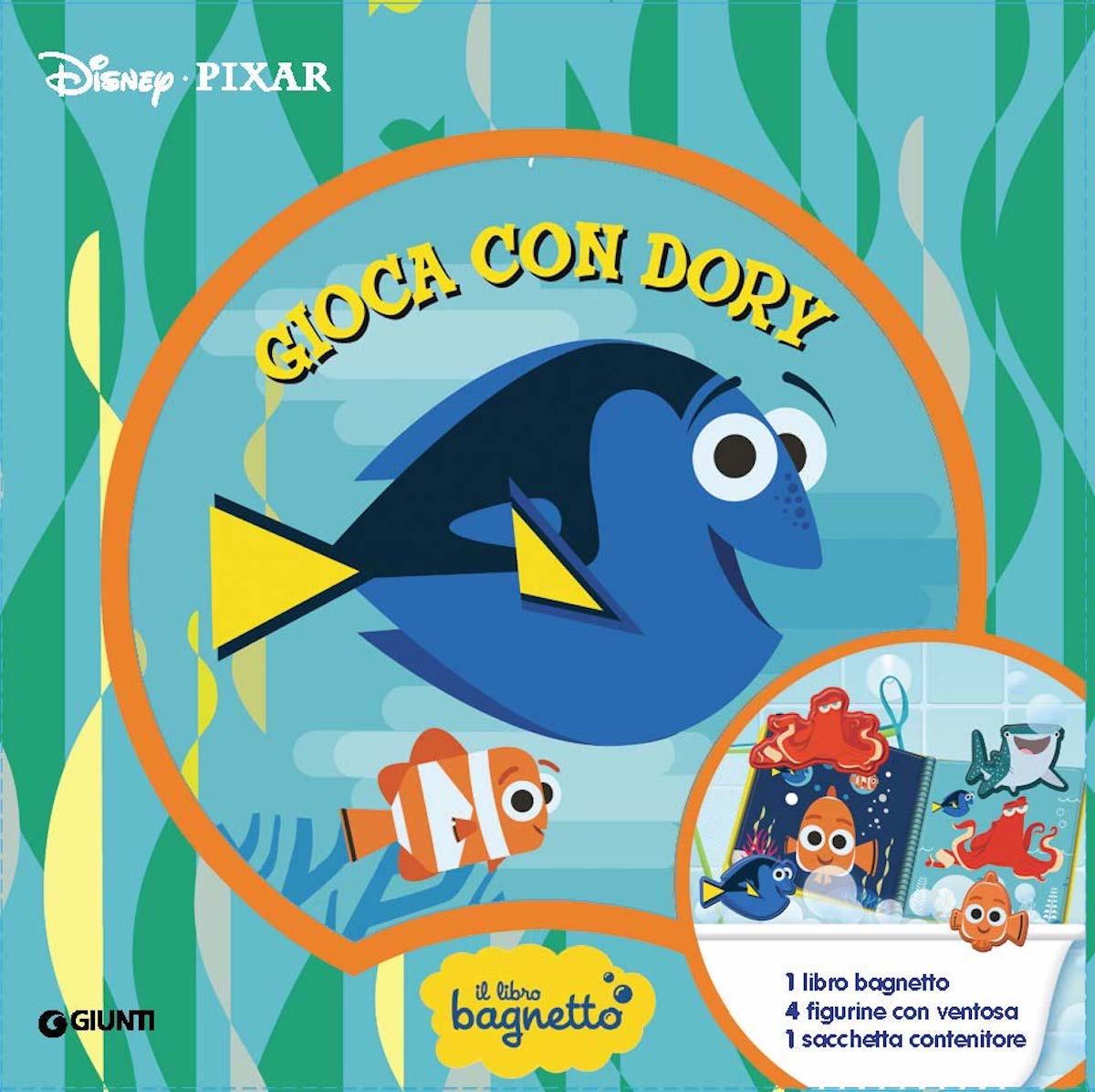Libro bagnetto Gioca con Dory - Disney/Pixar. 1 libro bagnetto, 4 figurine con ventosa, 1 sacchetta contenitore